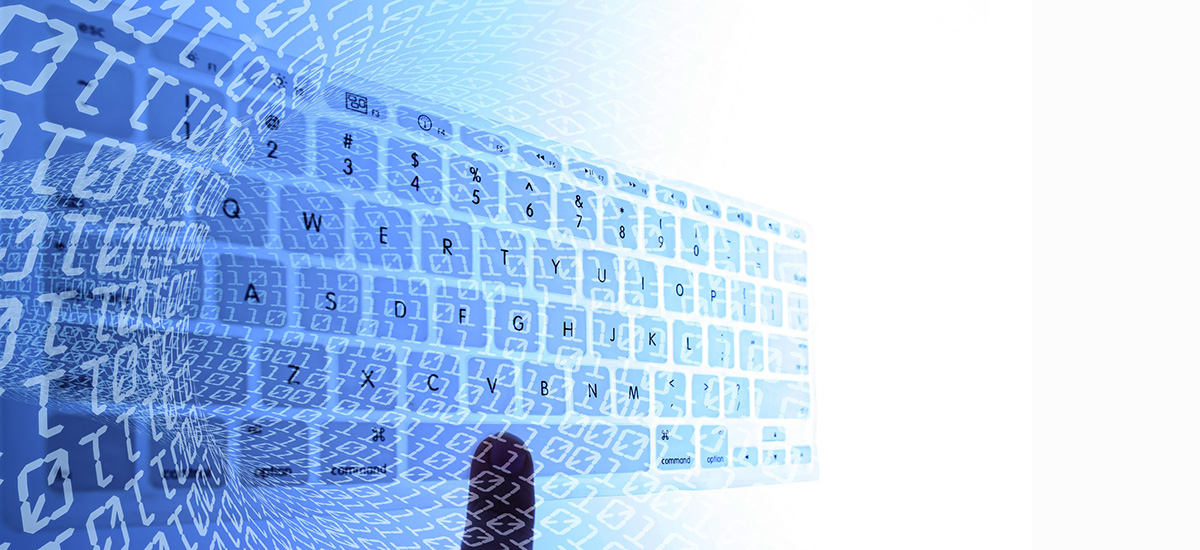 Slide Image. Vector image of a keyboard with a layer showing a vortex of zeros and ones.
